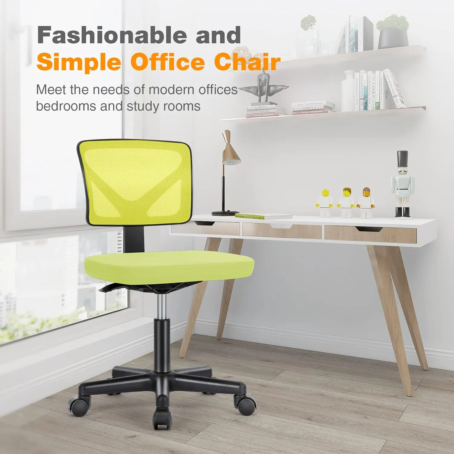 Sweetcrispy Office Computer Desk Chair, Ergonomic Low-Back Mesh Rolling Work Swivel Chairs with Wheels, Armless Comfortable Seat Lumbar Support for Home, Bedroom, Study, Student, Adults, Green