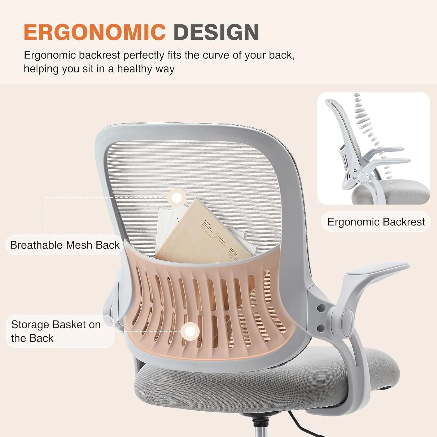 Sweetcrispy Office Computer Desk Chair, Ergonomic Mid-Back Mesh Rolling Work Swivel Task Chairs with Wheels, Comfortable Lumbar Support, Comfy Flip-up Arms for Home, Bedroom, Study, Student, Gray