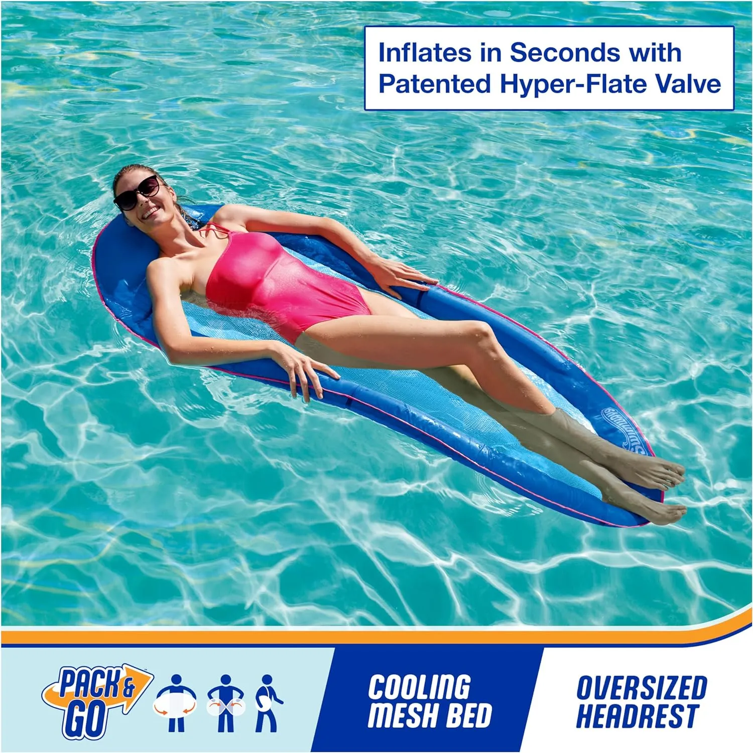 SwimWays Spring Float Pool Lounge Chair, Inflatable Pool Floats Adult with Fast Inflation & Head Rest for Ages 15 & Up