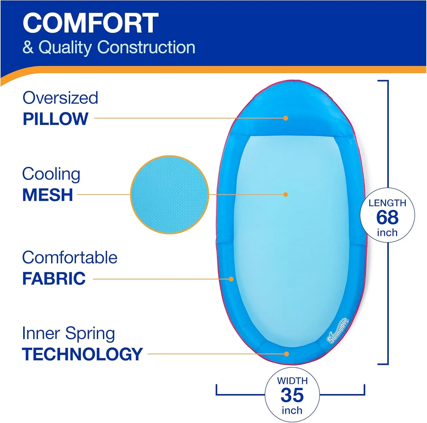 SwimWays Spring Float Pool Lounge Chair, Inflatable Pool Floats Adult with Fast Inflation & Head Rest for Ages 15 & Up