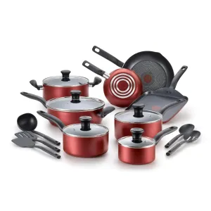 T-fal Initiatives Nonstick Cookware Set 18 Piece Oven Broiler Safe 350F Kitchen Cooking Set w/ Fry Pans Saucepans Saute Pan Dutch Oven Griddle Pots and Pans Home Dishwasher Safe Red