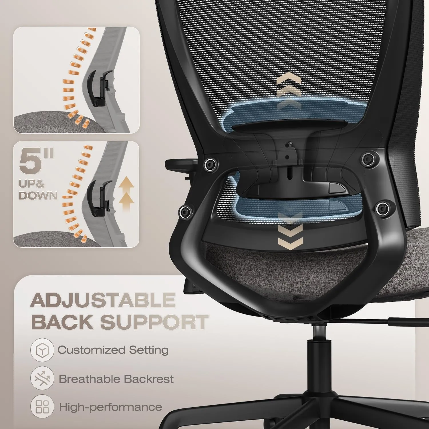 T96C Ergonomic Home Office Chair, Mesh Computer Desk Chair with 4D Armrests, Adjustable Lumbar Support,Tilt Function, Executive Rolling Swivel Task Chair for Long Hours (Stone - Upholstered Seat)