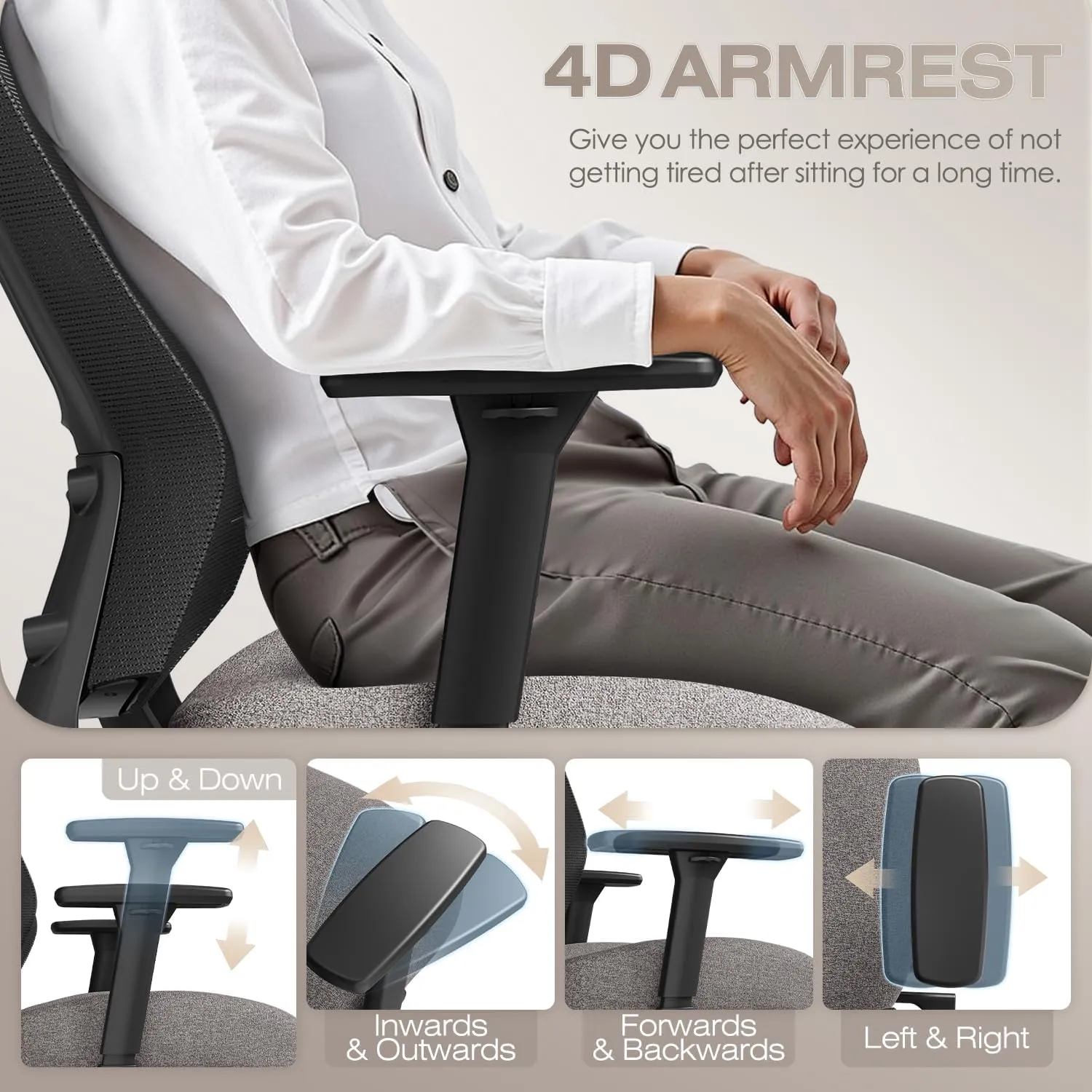 T96C Ergonomic Home Office Chair, Mesh Computer Desk Chair with 4D Armrests, Adjustable Lumbar Support,Tilt Function, Executive Rolling Swivel Task Chair for Long Hours (Stone - Upholstered Seat)