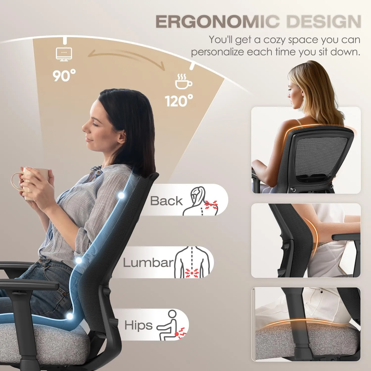 T96C Ergonomic Home Office Chair, Mesh Computer Desk Chair with 4D Armrests, Adjustable Lumbar Support,Tilt Function, Executive Rolling Swivel Task Chair for Long Hours (Stone - Upholstered Seat)