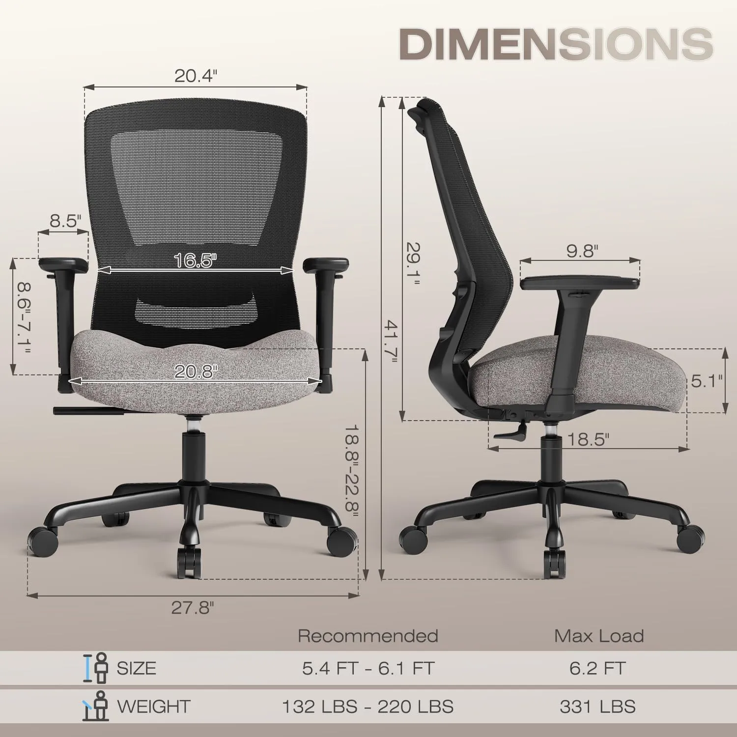 T96C Ergonomic Home Office Chair, Mesh Computer Desk Chair with 4D Armrests, Adjustable Lumbar Support,Tilt Function, Executive Rolling Swivel Task Chair for Long Hours (Stone - Upholstered Seat)