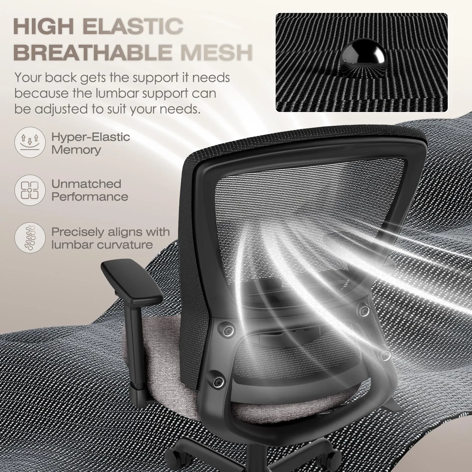 T96C Ergonomic Home Office Chair, Mesh Computer Desk Chair with 4D Armrests, Adjustable Lumbar Support,Tilt Function, Executive Rolling Swivel Task Chair for Long Hours (Stone - Upholstered Seat)