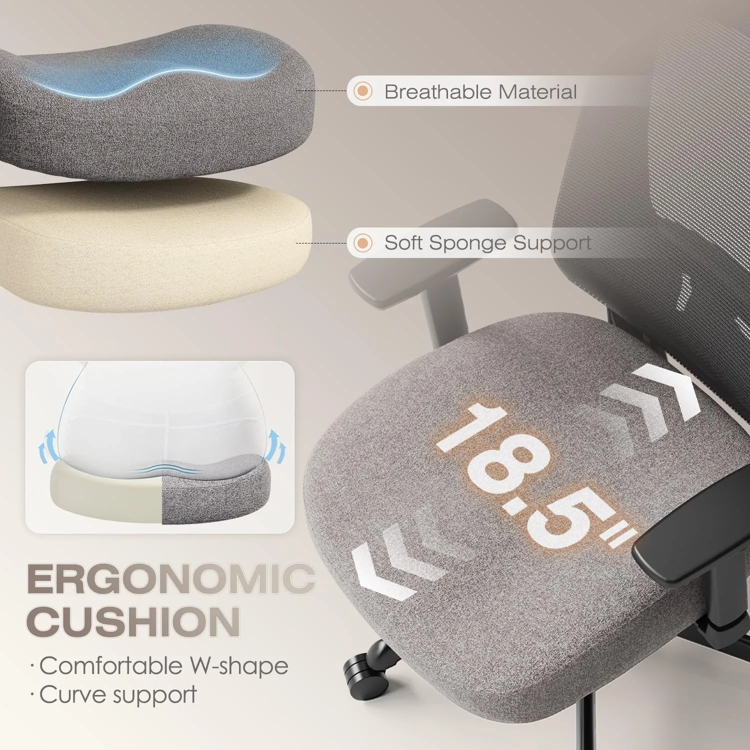 T96C Ergonomic Home Office Chair, Mesh Computer Desk Chair with 4D Armrests, Adjustable Lumbar Support,Tilt Function, Executive Rolling Swivel Task Chair for Long Hours (Stone - Upholstered Seat)