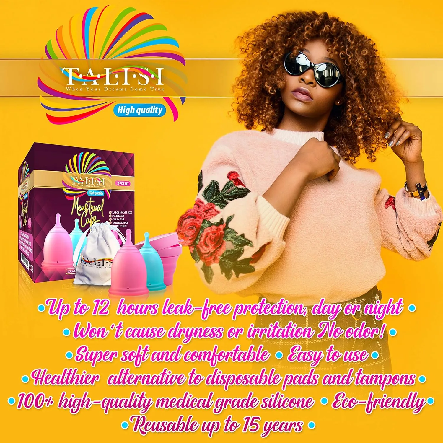 Talisi Menstrual Cups Set of 2 with Collapsible Silicone Foldable Sterilizing Cup - Tampon and Pad Alternative - Feminine Menstruation Soft Reusable Period Cup for Regular Heavy Flow with Sterilizer