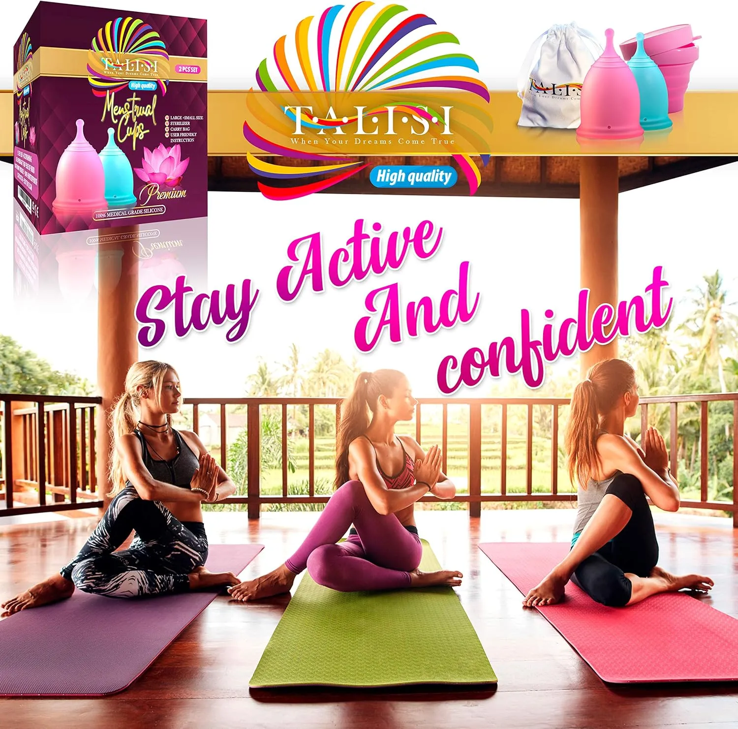 Talisi Menstrual Cups Set of 2 with Collapsible Silicone Foldable Sterilizing Cup - Tampon and Pad Alternative - Feminine Menstruation Soft Reusable Period Cup for Regular Heavy Flow with Sterilizer