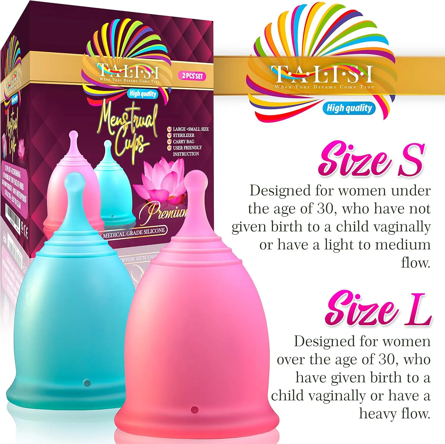 Talisi Menstrual Cups Set of 2 with Collapsible Silicone Foldable Sterilizing Cup - Tampon and Pad Alternative - Feminine Menstruation Soft Reusable Period Cup for Regular Heavy Flow with Sterilizer