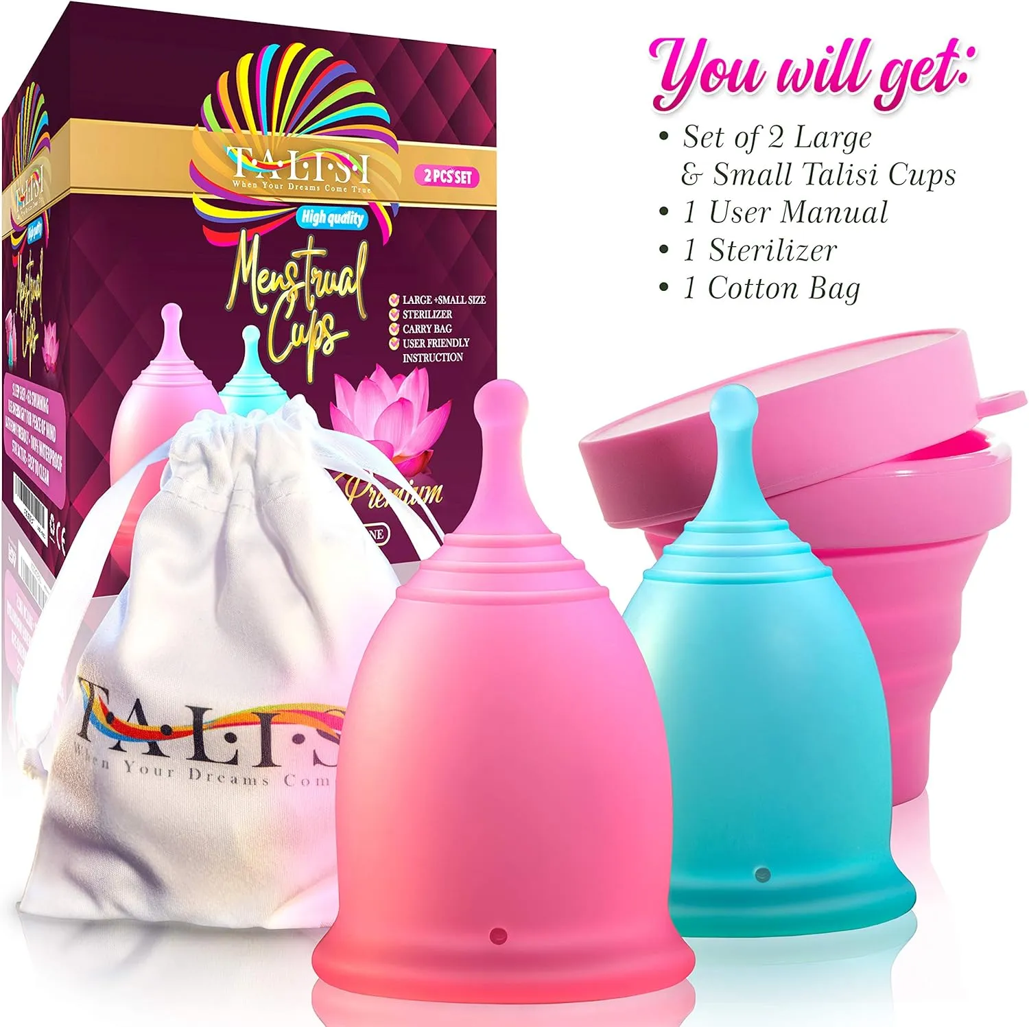 Talisi Menstrual Cups Set of 2 with Collapsible Silicone Foldable Sterilizing Cup - Tampon and Pad Alternative - Feminine Menstruation Soft Reusable Period Cup for Regular Heavy Flow with Sterilizer