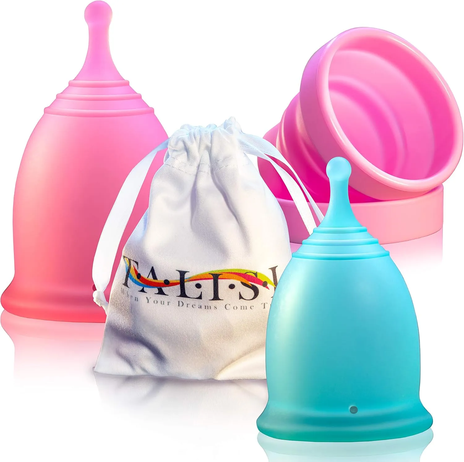 Talisi Menstrual Cups Set of 2 with Collapsible Silicone Foldable Sterilizing Cup - Tampon and Pad Alternative - Feminine Menstruation Soft Reusable Period Cup for Regular Heavy Flow with Sterilizer