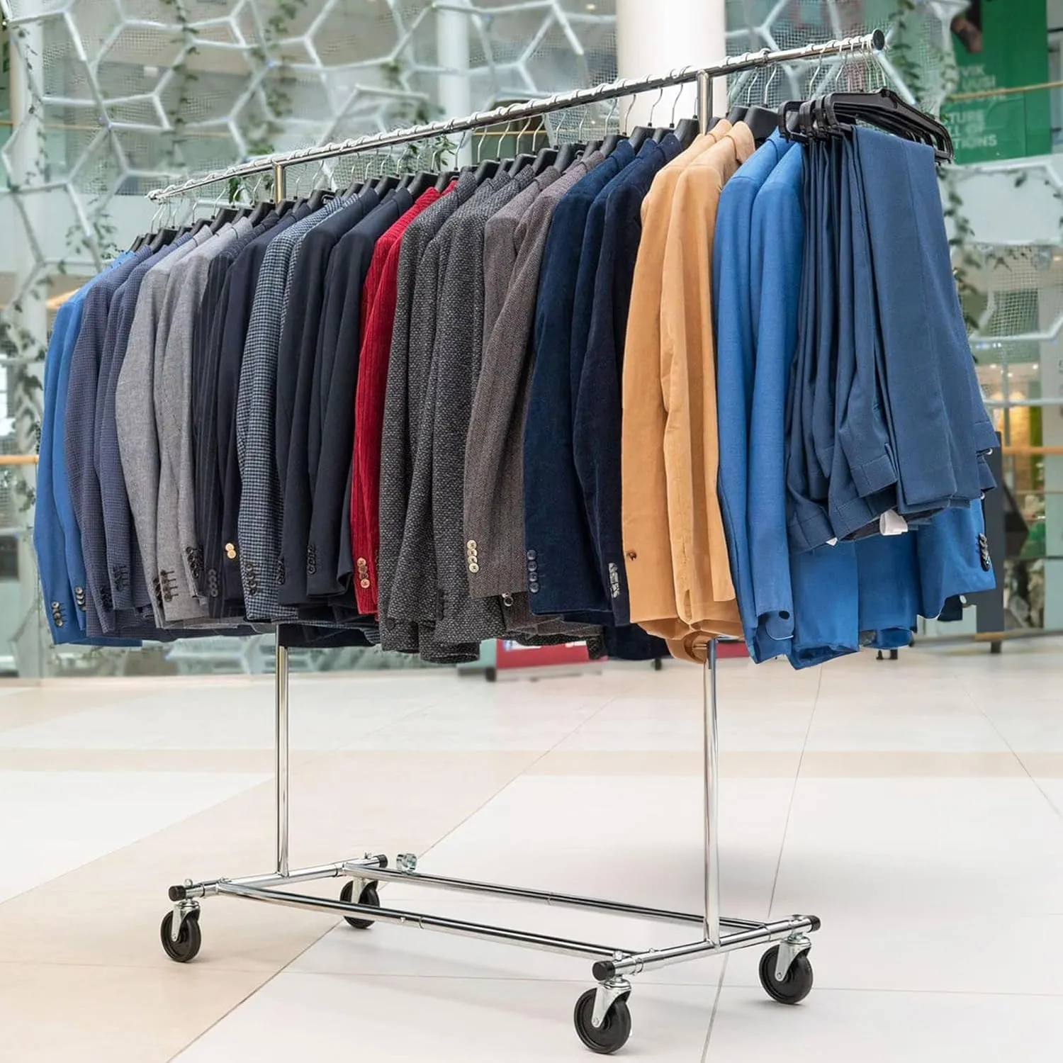 Tatkraft Drogo - Retail Clothing Rack, Heavy Duty Clothes Rack, 220lb Load, Collapsible, Adjustable Length 4-6ft, Height 4,7-5,5ft, 1 min Assembly, Chromed