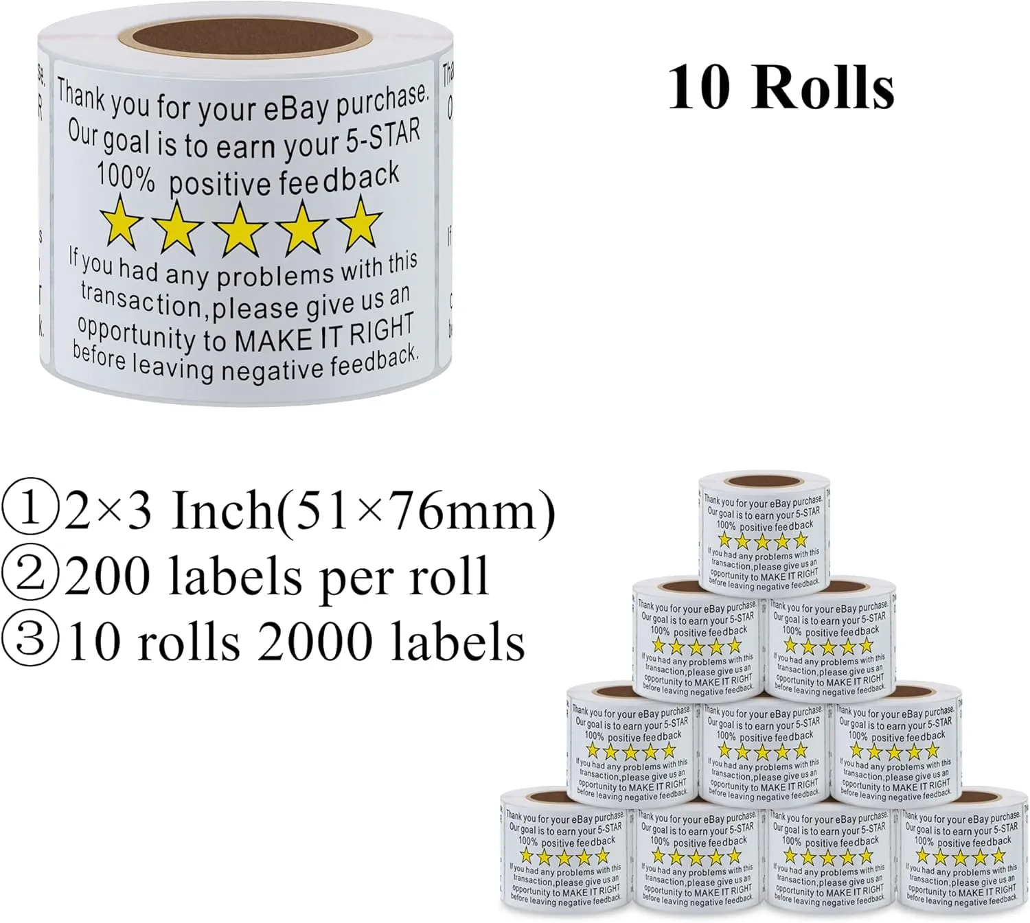 Thank You for Your Ebay Purchase Stickers 2×3 Inch Positive Negative Feedback Labels for E-Commerce, Customer Service or Small Business - 200 Stickers Per Roll (10 Rolls)
