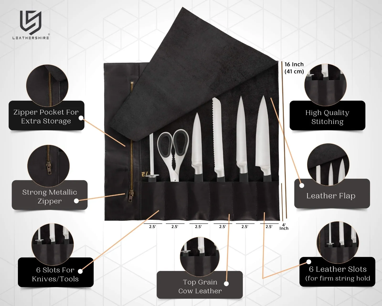 The Riding Full Grain Handmad Black Leather Knife Roll