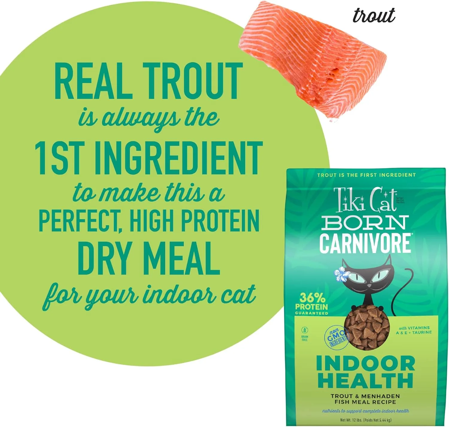 Tiki Cat Born Carnivore Indoor Health Dry Cat Food, Trout & Menhaden Fish Meal, 3 lbs. Bag