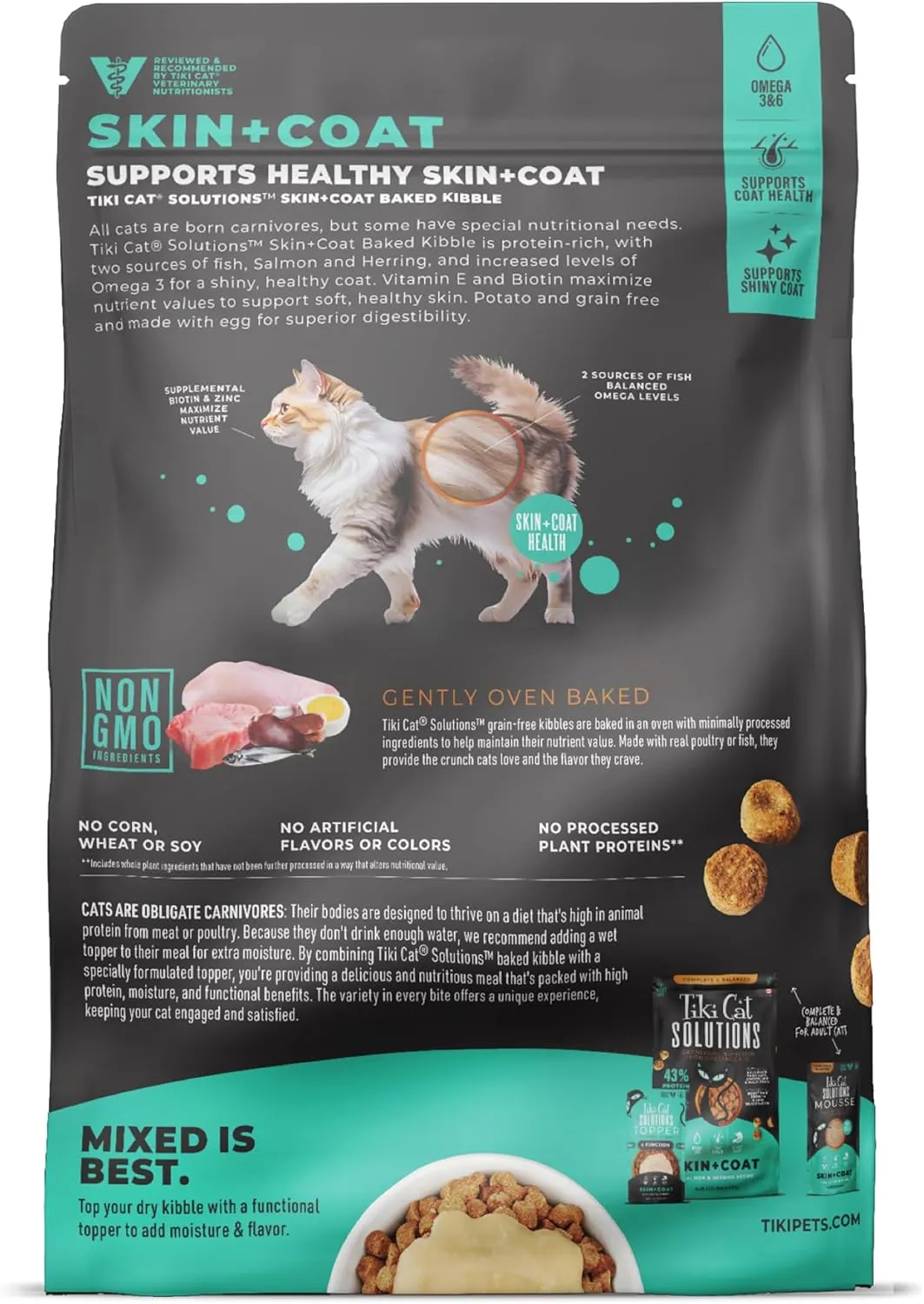Tiki Cat Solutions Dry Cat Food, Skin & Coat, Salmon & Herring, 2.8 lbs. Bag