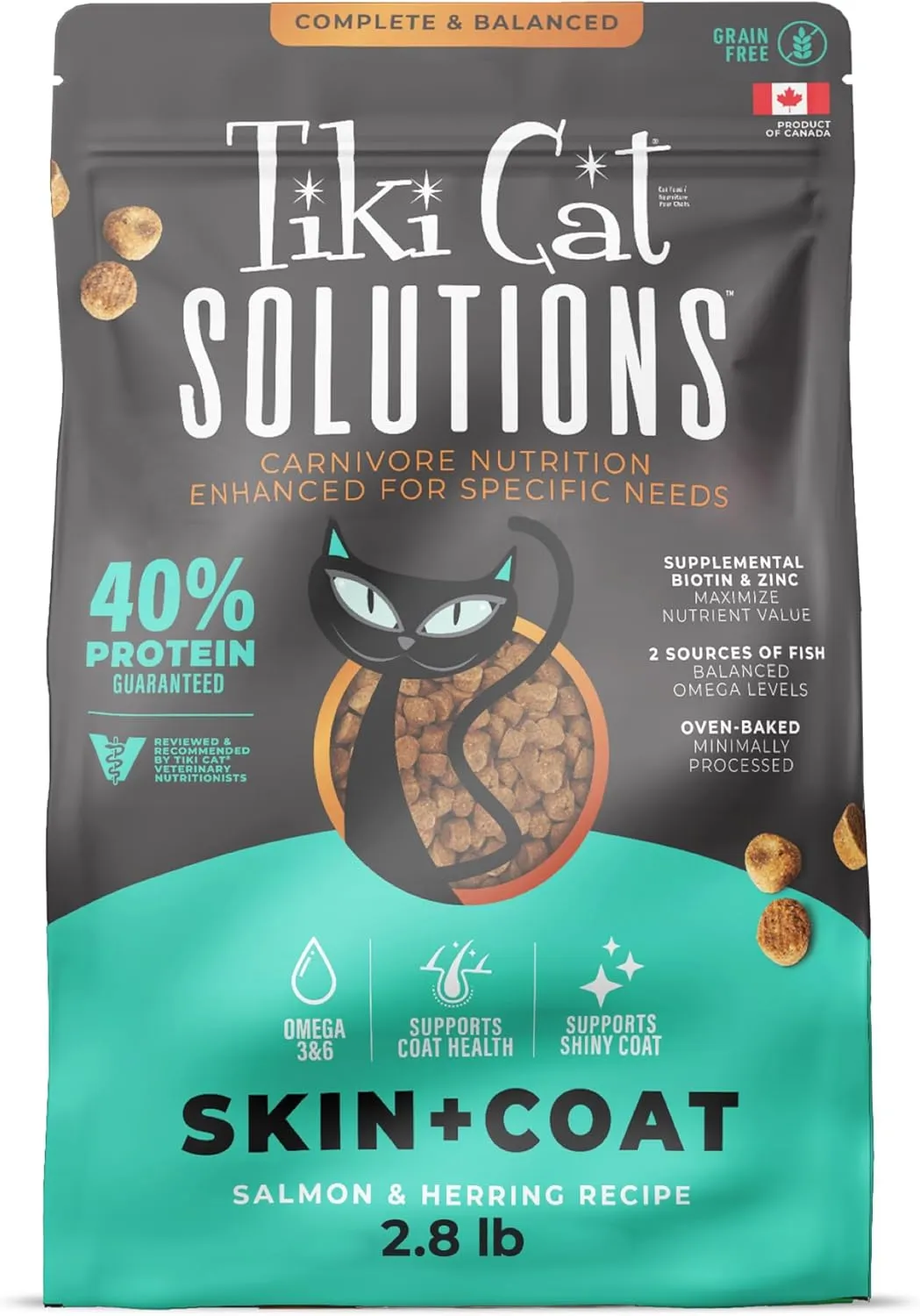 Tiki Cat Solutions Dry Cat Food, Skin & Coat, Salmon & Herring, 2.8 lbs. Bag