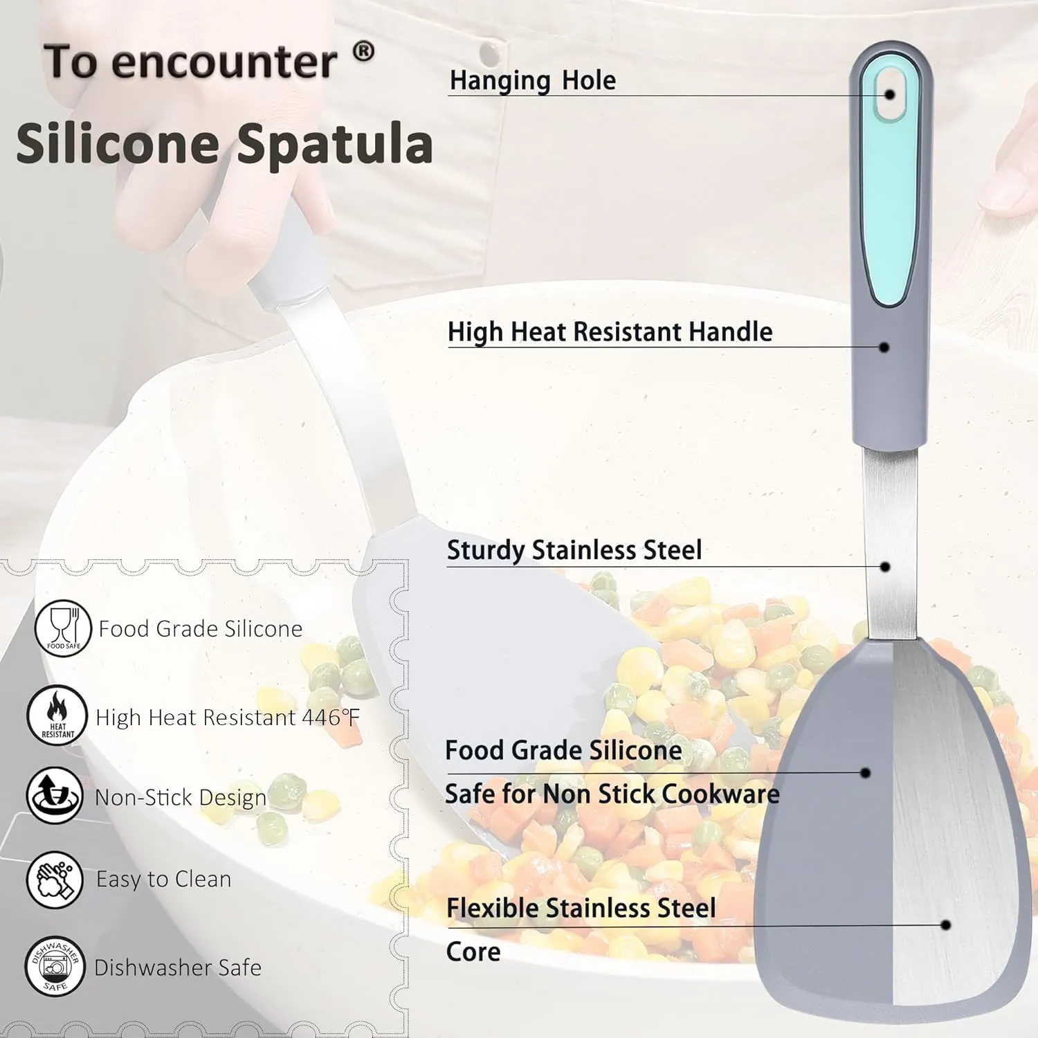 To encounter 3 Pieces Silicone Spatula Set, Heat Resistant Flexible Turner Spatulas, Nonstick Cookie Spatula, Fish Spatula, Dishwasher Safe, Light Grey
