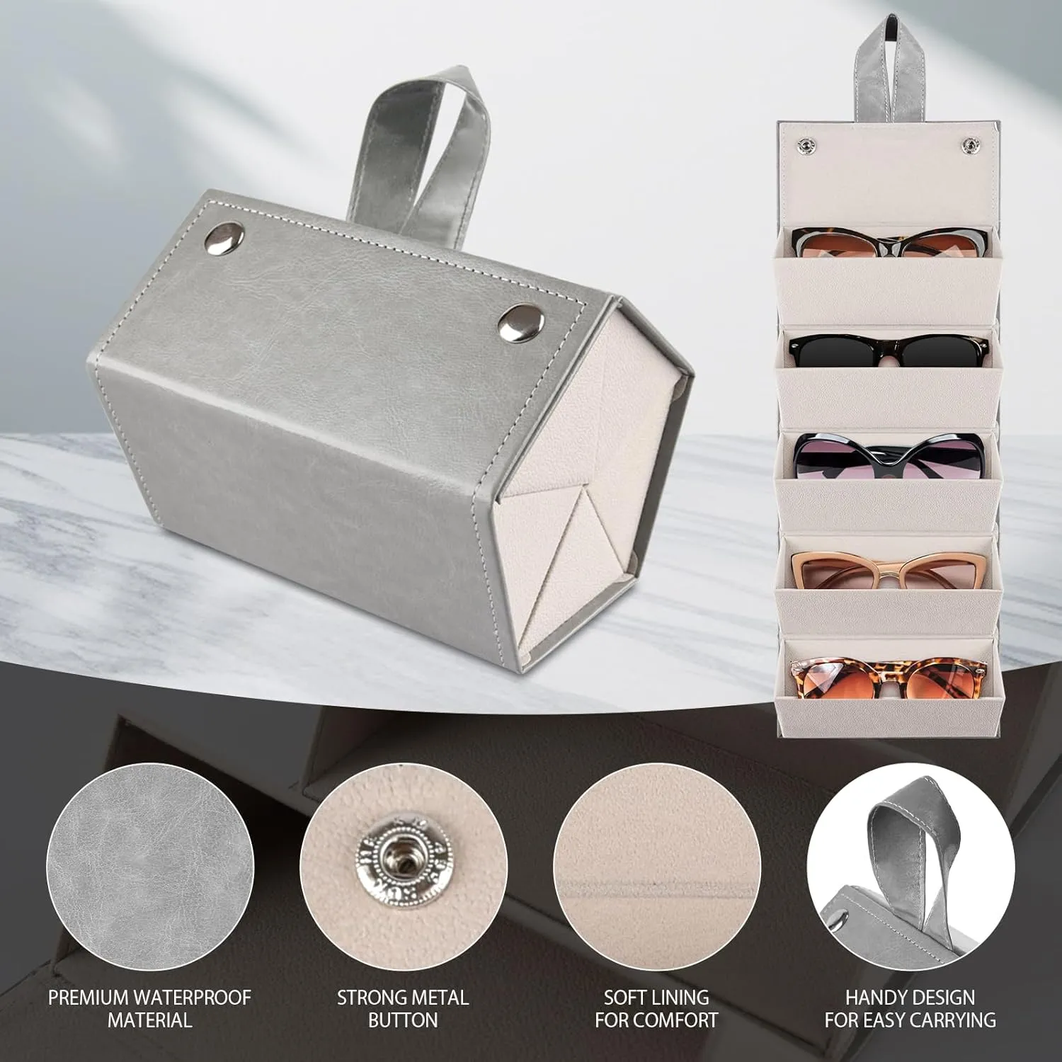 Travel Sunglasses Organizer Case with 5 Slots for Multiple Pairs, Portable Eyeglasses Storage for Men & Women