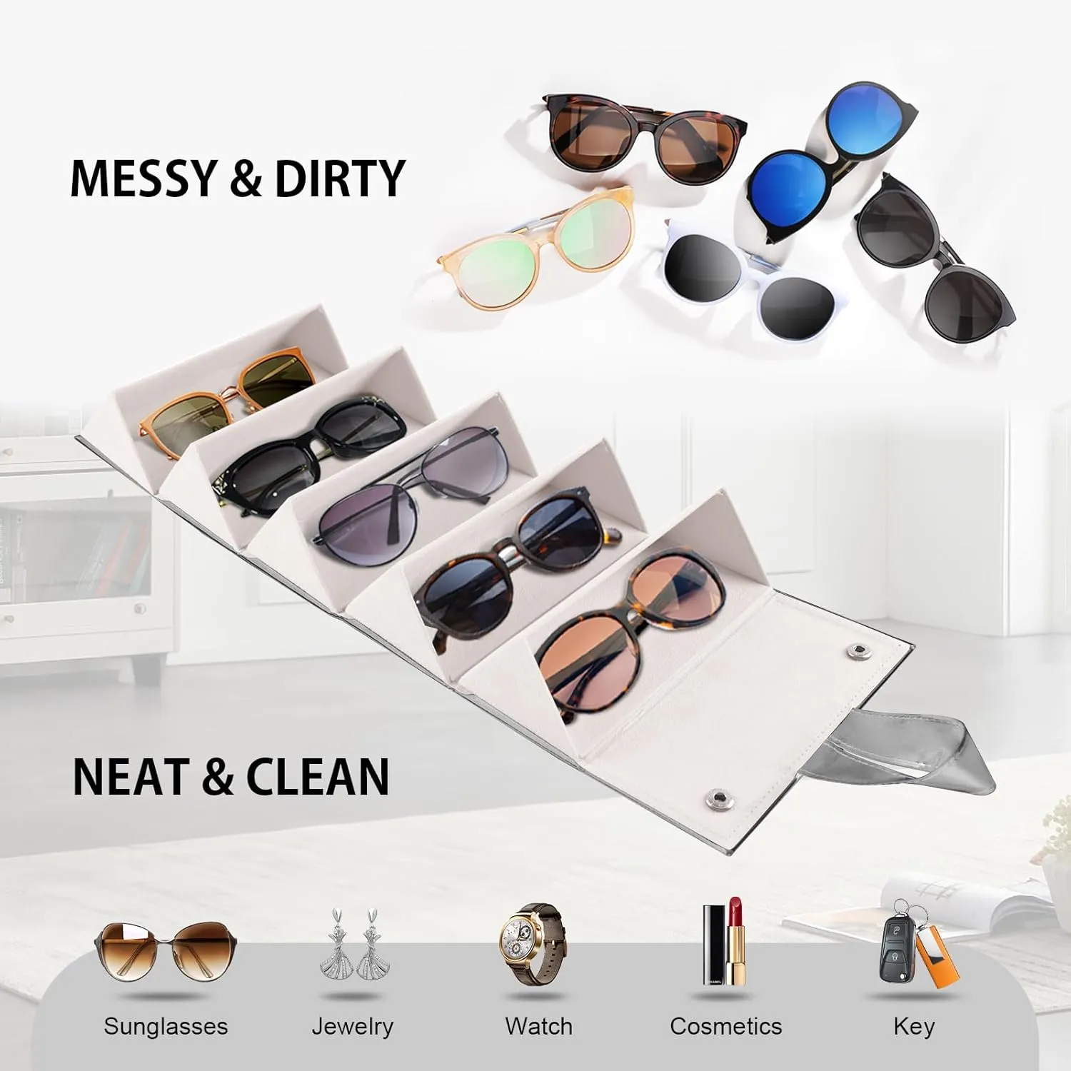Travel Sunglasses Organizer Case with 5 Slots for Multiple Pairs, Portable Eyeglasses Storage for Men & Women