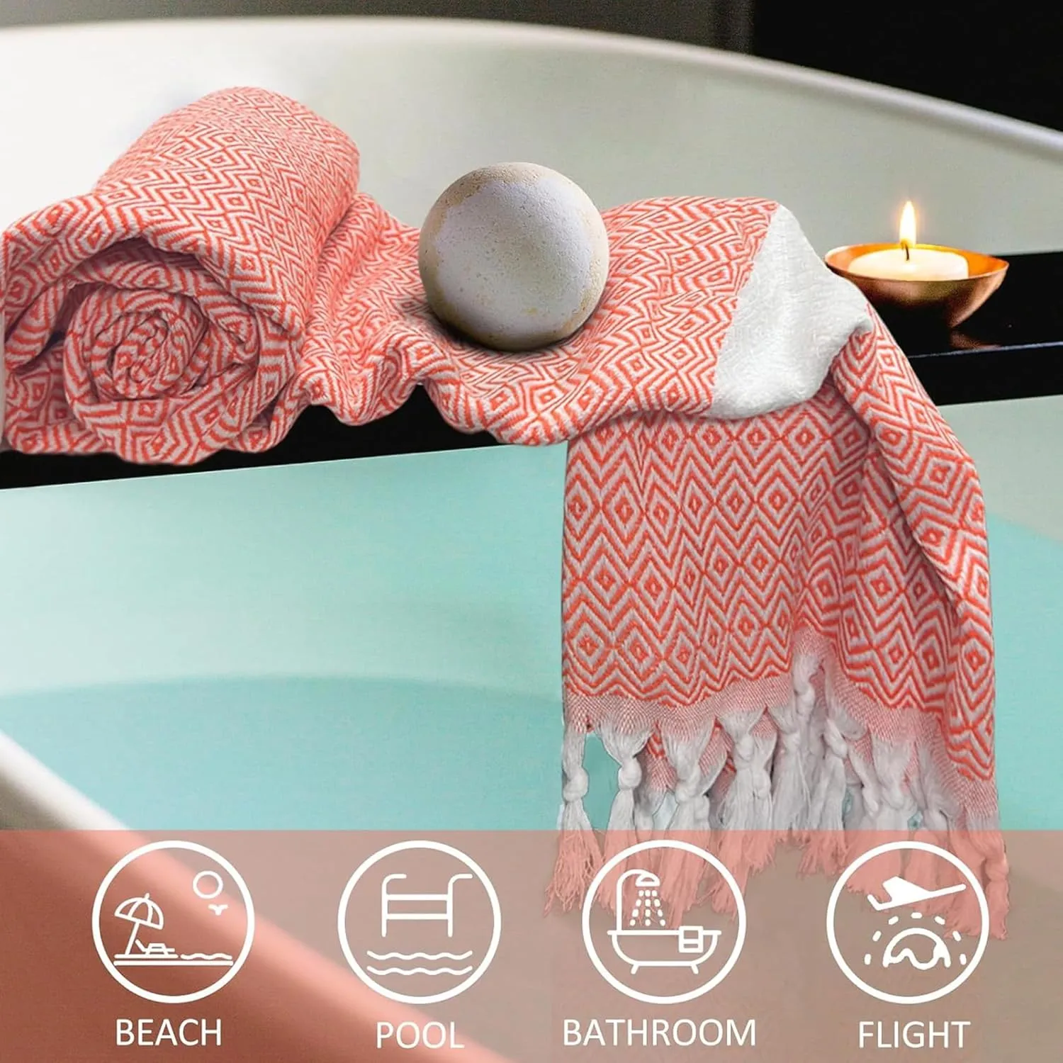 Turkish Beach Towel Peshtemal 100% Cotton Quick Dry Boho Decor Camping Blanket 39x71 inches (Orange)