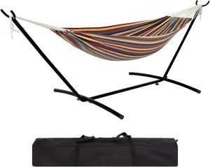 Ultra-Comfort 2-Person Hammock Set with Foldable Steel Frame – Heavy-Duty Outdoor Lounger for Garden, Camping & Patio (450lb Capacity   Quick-Stow Carry Bag),Yellow Rainbow Stripes