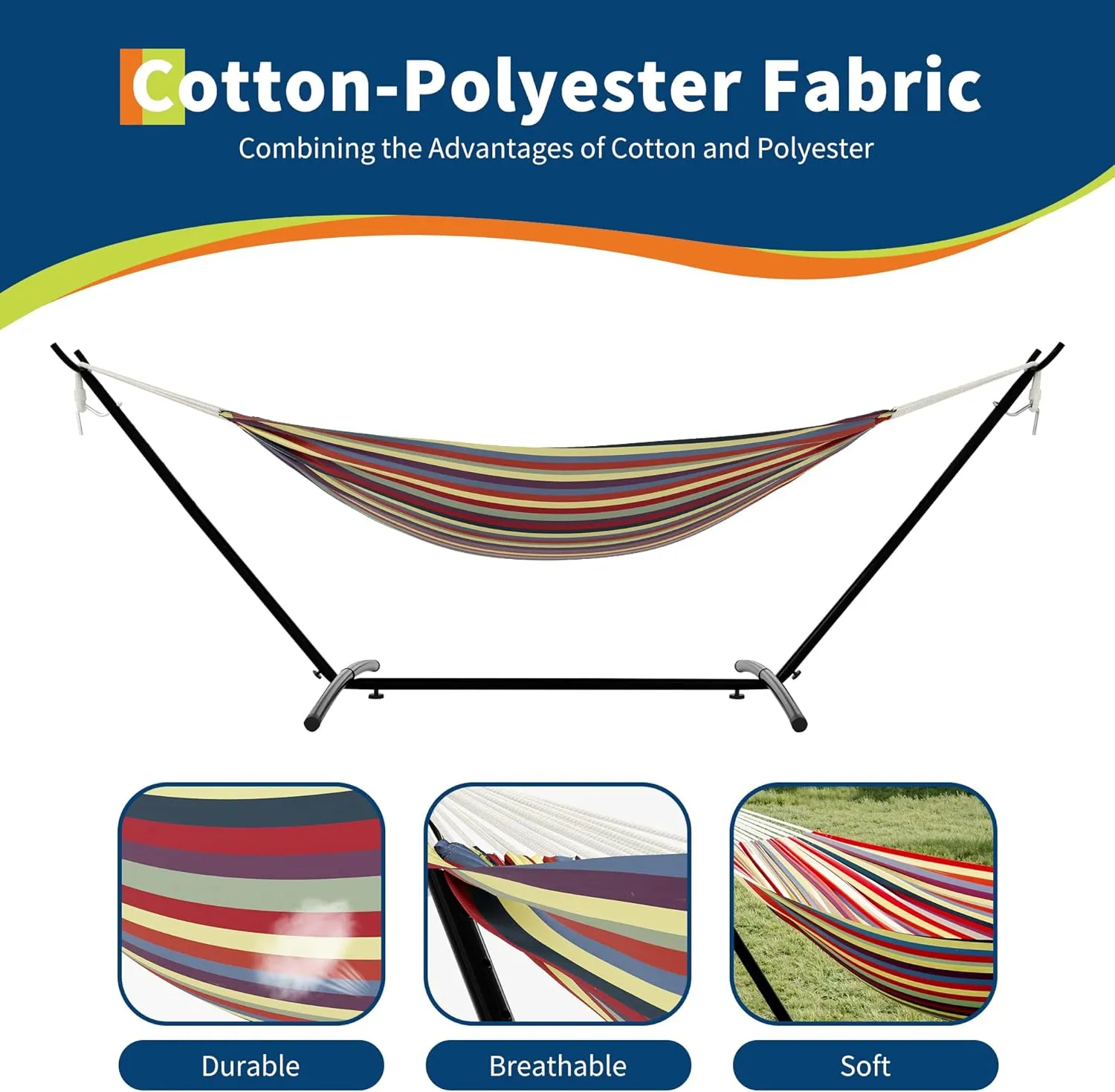 Ultra-Comfort 2-Person Hammock Set with Foldable Steel Frame – Heavy-Duty Outdoor Lounger for Garden, Camping & Patio (450lb Capacity   Quick-Stow Carry Bag),Yellow Rainbow Stripes