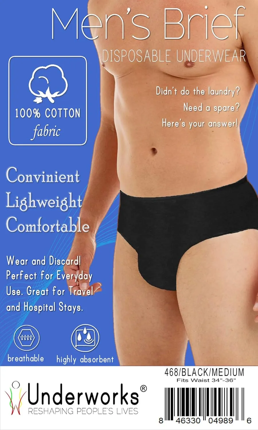 Underworks 20-Pack Mens Disposable 100% Cotton Underwear - For Travel- Hospital Stays- Emergencies 468