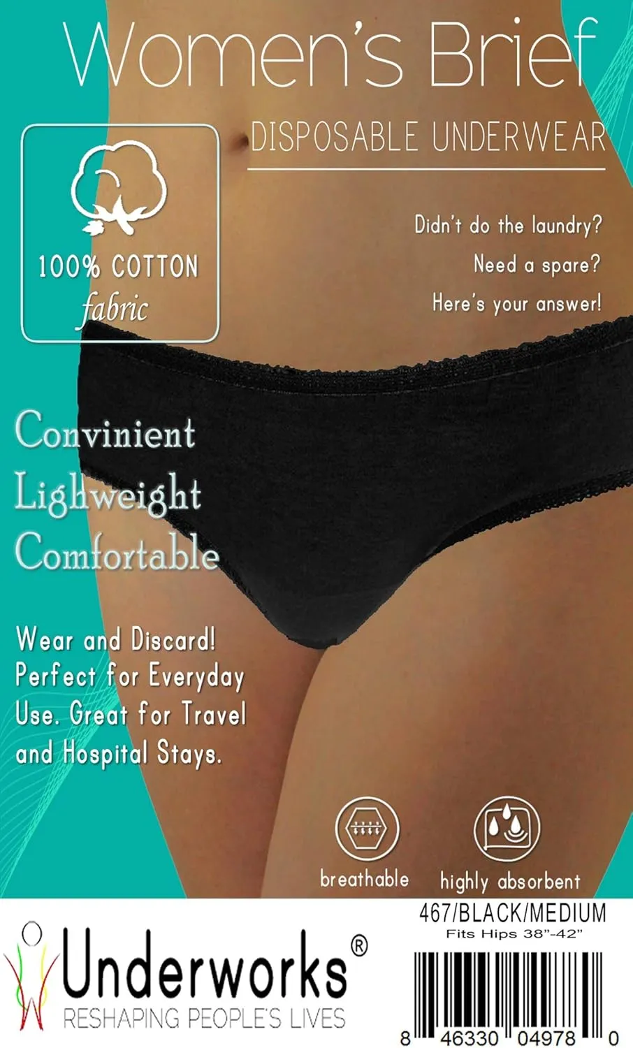 Underworks 20-Pack Womens Disposable 100% Cotton Underwear - for Travel- Hospital Stays- Emergencies