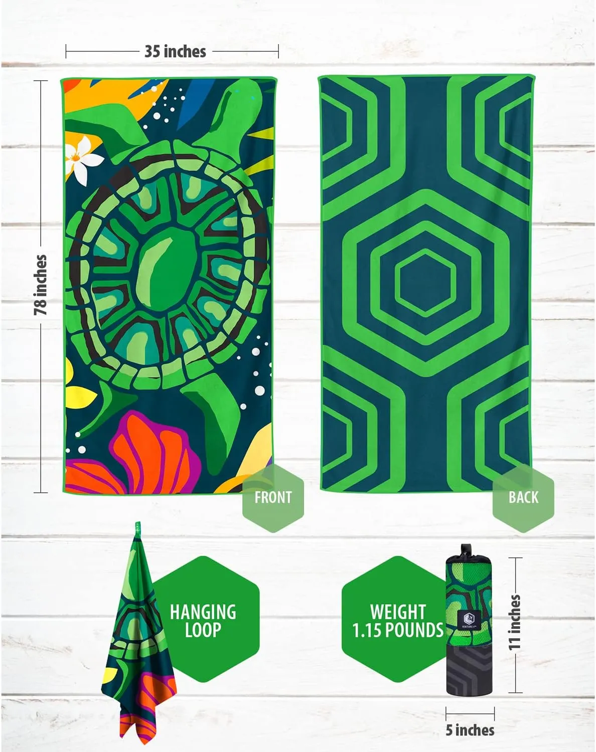 VENTURE 4TH Microfiber Beach Towel: Quick-Dry, Compact, Sand-Free, Absorbent, Sandproof and Lightweight - Perfect for Camping, Beach, and Roadtrips (Turtle Bay Design | 35x78 inches)