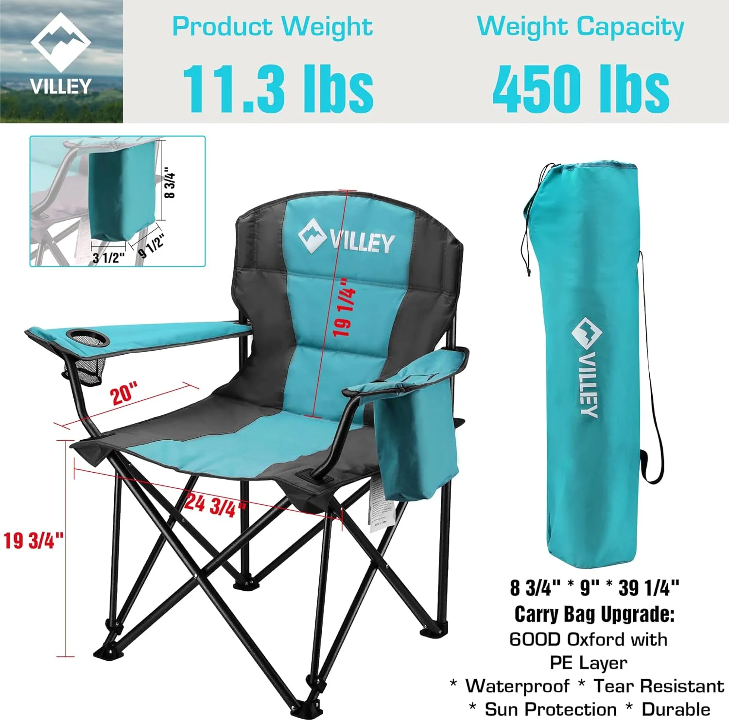 VILLEY Camping Chair, Oversized Folding Camp Chair, Portable Outdoor Chairs Support 450 LBS with Padded Seats, Cooler Bag, Cup Holder, Carry Bag, Blue