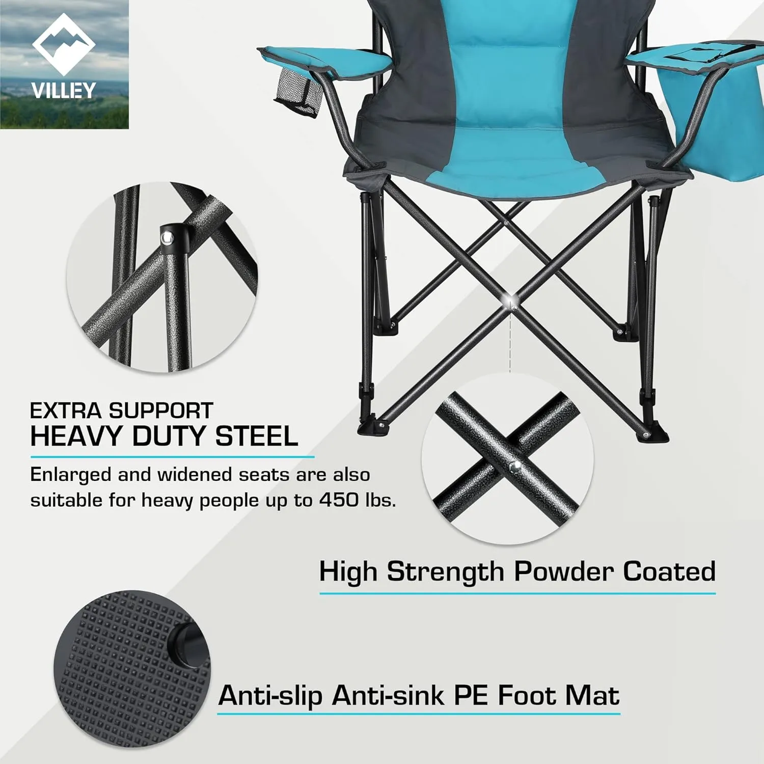 VILLEY Camping Chair, Oversized Folding Camp Chair, Portable Outdoor Chairs Support 450 LBS with Padded Seats, Cooler Bag, Cup Holder, Carry Bag, Blue