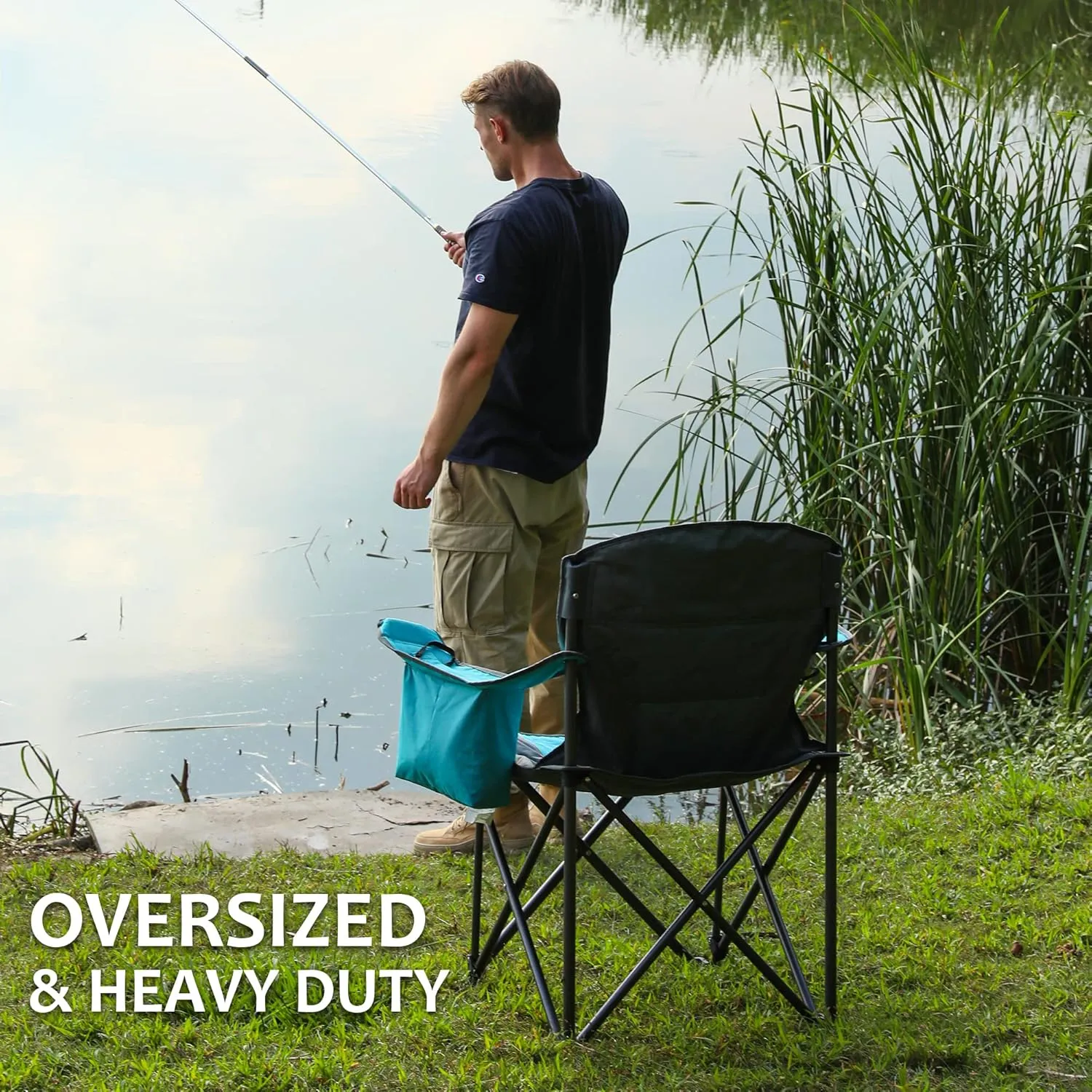 VILLEY Camping Chair, Oversized Folding Camp Chair, Portable Outdoor Chairs Support 450 LBS with Padded Seats, Cooler Bag, Cup Holder, Carry Bag, Blue