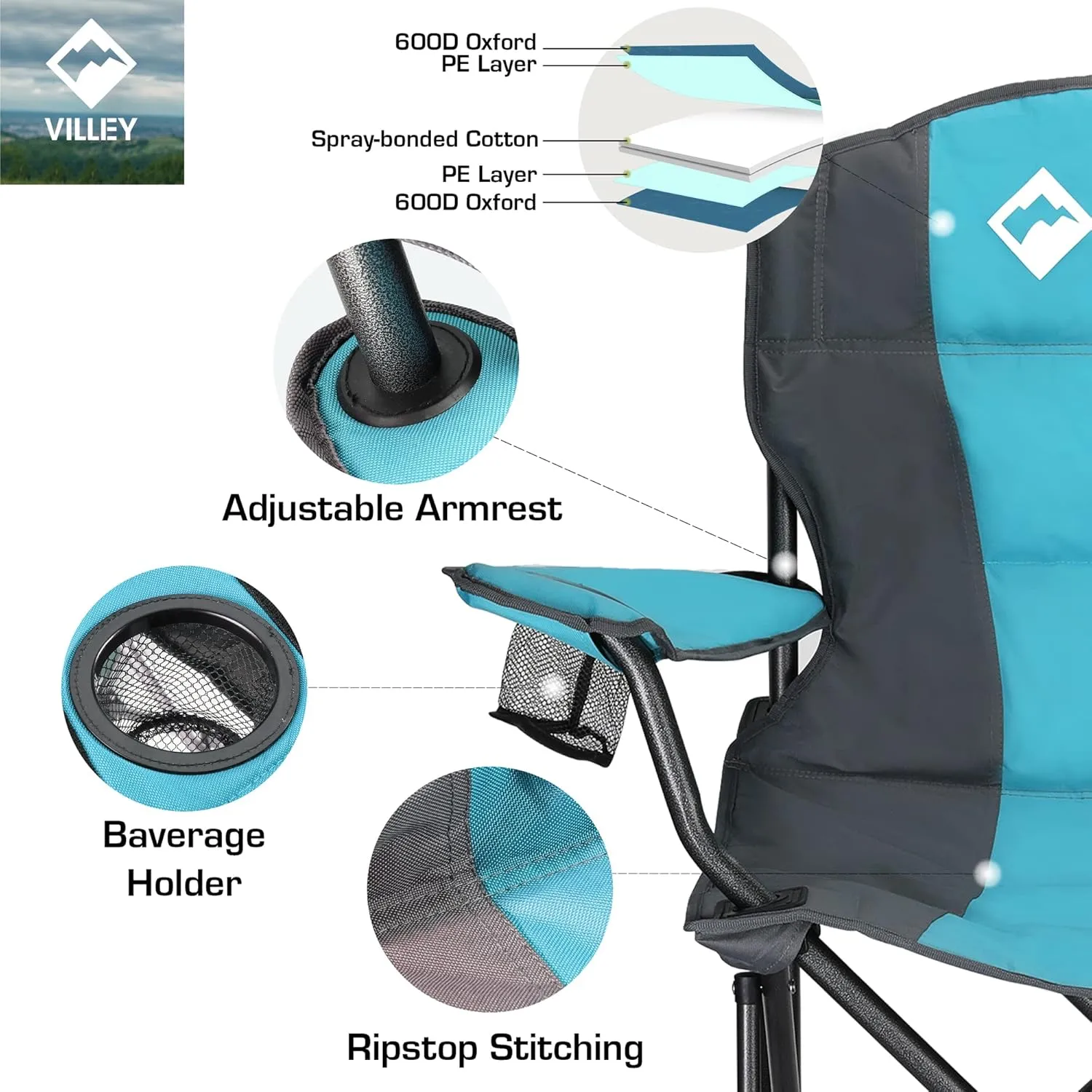 VILLEY Camping Chair, Oversized Folding Camp Chair, Portable Outdoor Chairs Support 450 LBS with Padded Seats, Cooler Bag, Cup Holder, Carry Bag, Blue