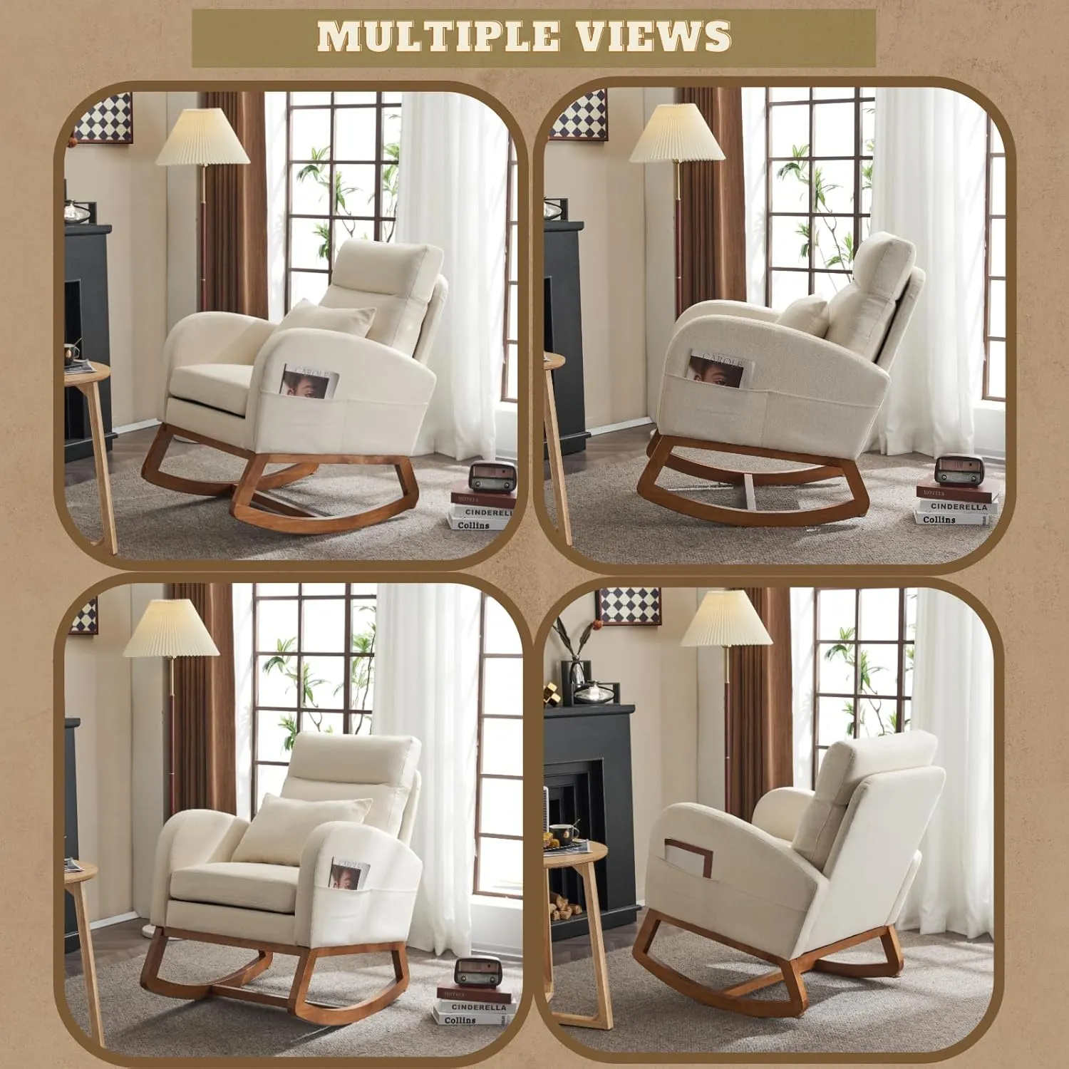VINGLI Beige Linen Nursery Rocking Chair with Thick Headrest,Mid-Century Modern Nursing Rocker,Upholstered Glider with Curved Armrest, Sturdy Solid Wood Base for Living Room, Bedroom, Baby Room