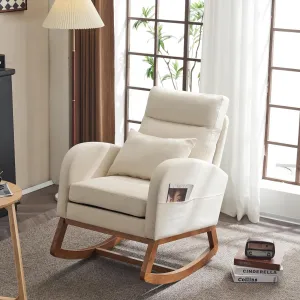 VINGLI Beige Linen Nursery Rocking Chair with Thick Headrest,Mid-Century Modern Nursing Rocker,Upholstered Glider with Curved Armrest, Sturdy Solid Wood Base for Living Room, Bedroom, Baby Room