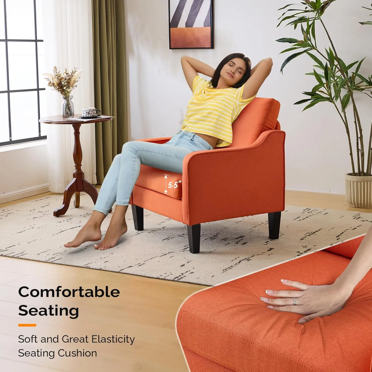 VINGLI Burnt Orange Mid Century Modern Accent Chair for Living Room & Bedroom, Scooped Arm, Upholstered Comfy Chair for Apartment, Waiting Room