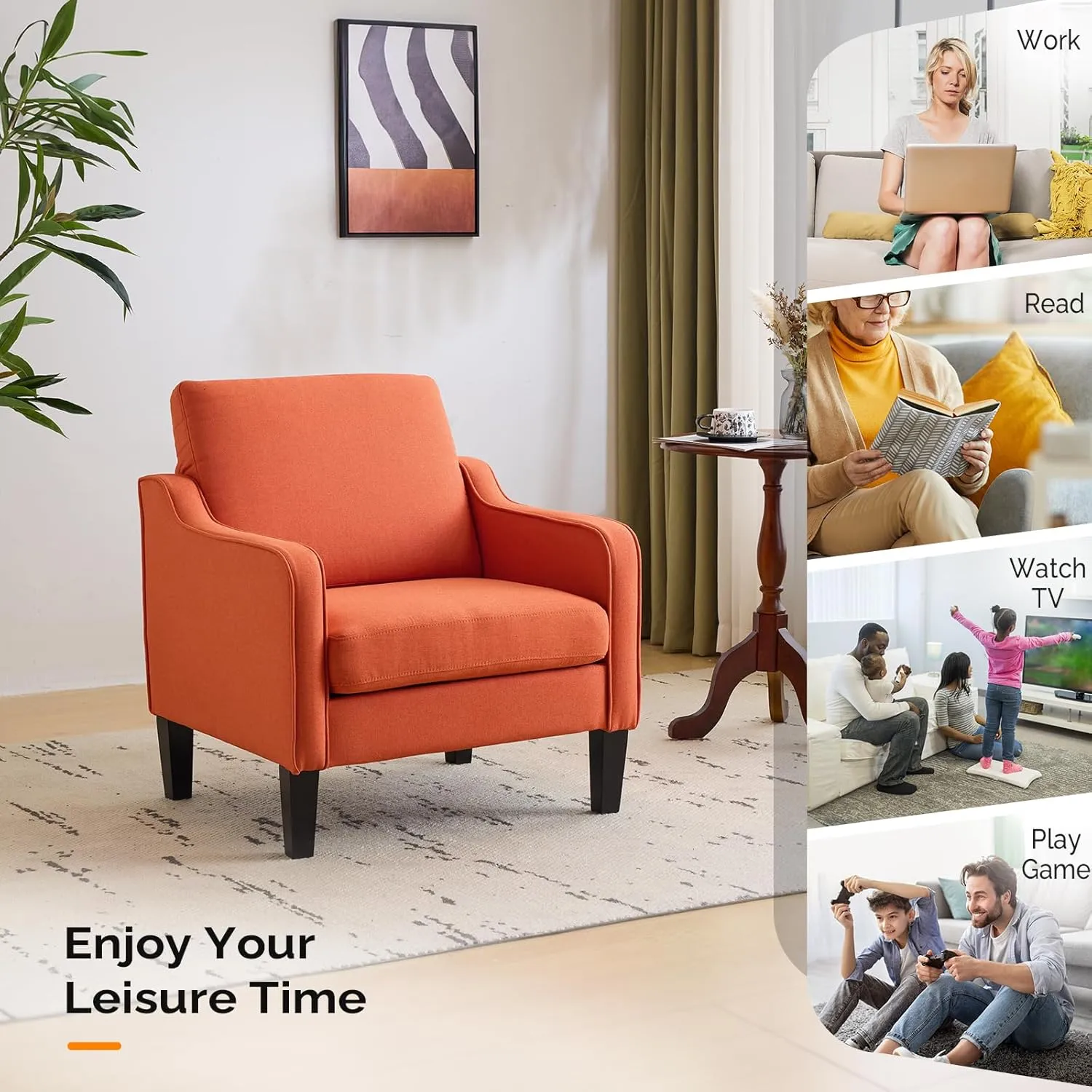 VINGLI Burnt Orange Mid Century Modern Accent Chair for Living Room & Bedroom, Scooped Arm, Upholstered Comfy Chair for Apartment, Waiting Room