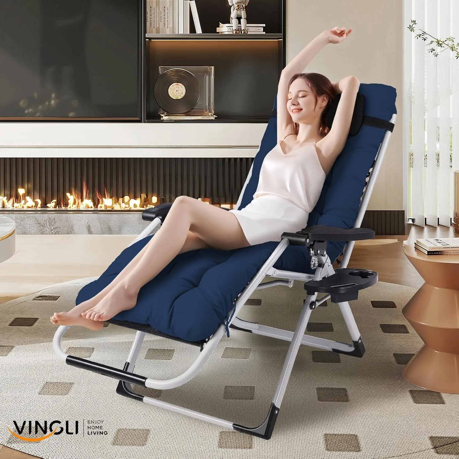 VINGLI Padded Zero Gravity Chair, Lounge Chair with Removable Cushion & Tray， Folding Reclining Patio Chairs， Recliner Chair for Lawn，Indoor and Outdoor-Blue
