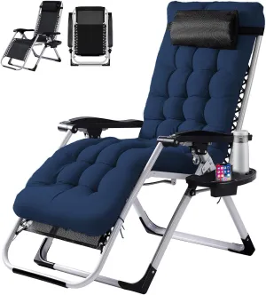VINGLI Padded Zero Gravity Chair, Lounge Chair with Removable Cushion & Tray， Folding Reclining Patio Chairs， Recliner Chair for Lawn，Indoor and Outdoor-Blue