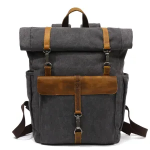Vintage Canvas Roll-Top Backpack with Belt Buckle Closure