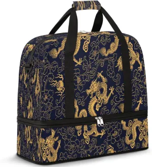 Vintage Painted Dragon Phoenix Travel Duffle Bag, Large Sports Gym Bag with Shoe Compartment, Carry on Tote Bag, Foldable Weekender Overnight Bag for Women Men