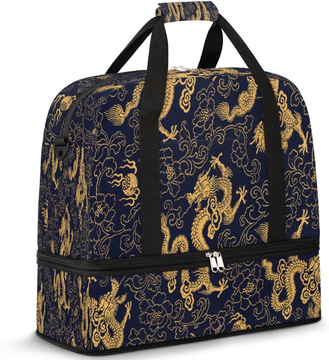 Vintage Painted Dragon Phoenix Travel Duffle Bag, Large Sports Gym Bag with Shoe Compartment, Carry on Tote Bag, Foldable Weekender Overnight Bag for Women Men