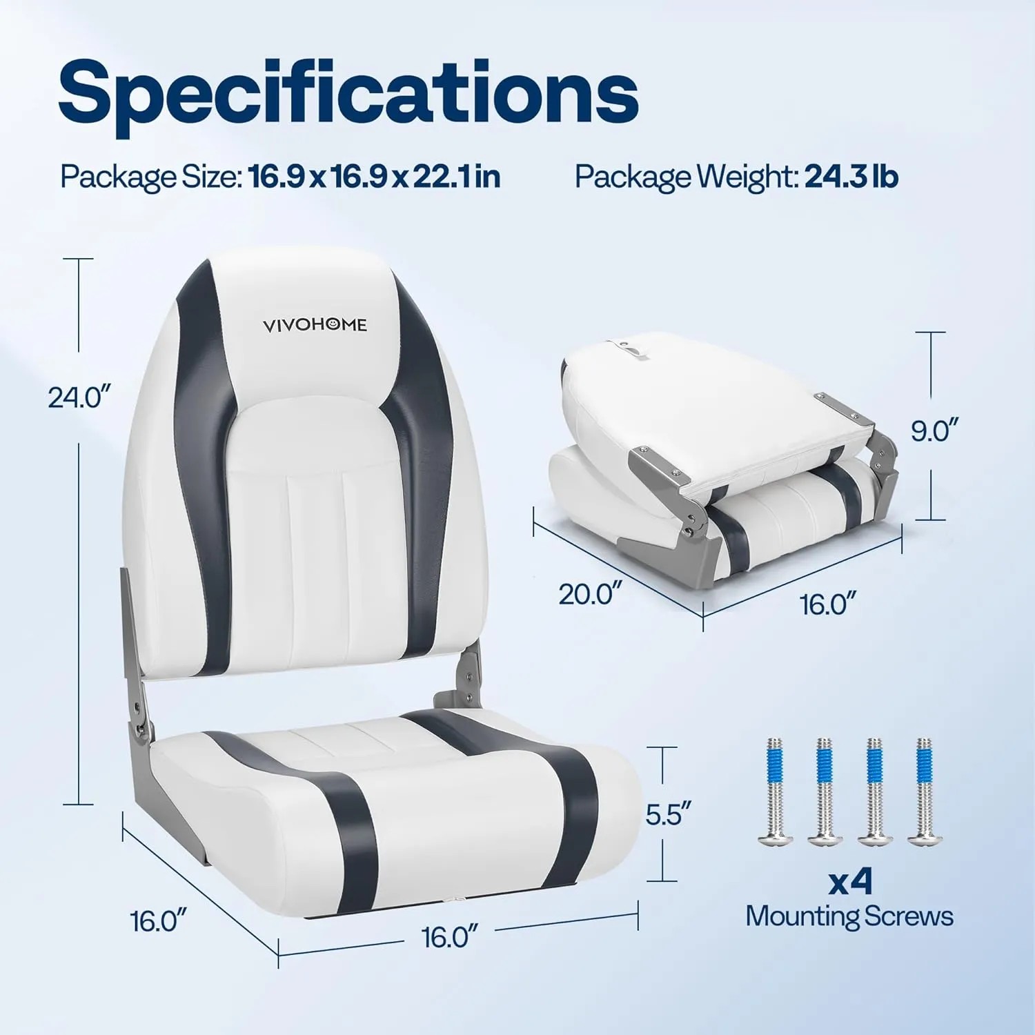 VIVOHOME Folding High Back Boat Seats 2 Pack, Waterproof Boat Captain Chairs, 4 Mounting Screws Included, White and Gray