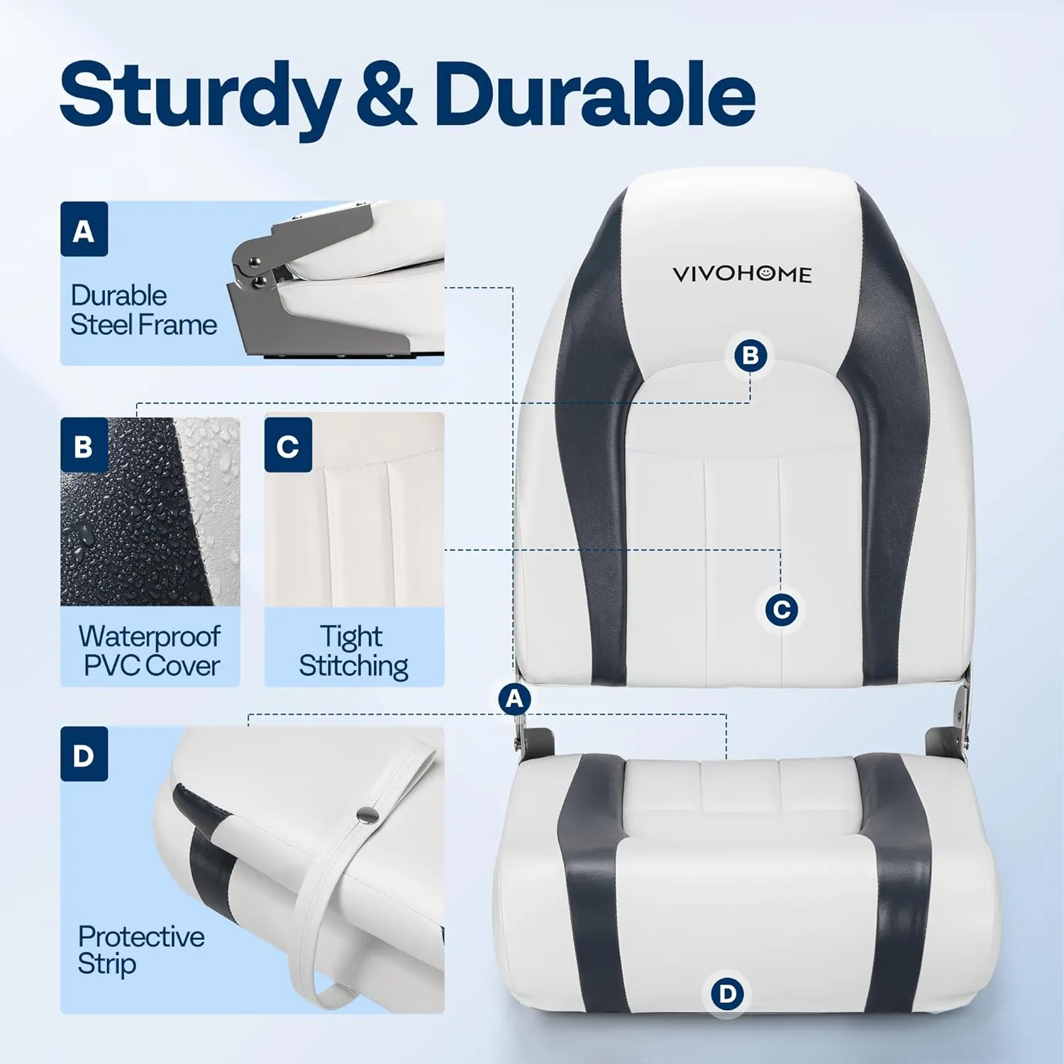 VIVOHOME Folding High Back Boat Seats 2 Pack, Waterproof Boat Captain Chairs, 4 Mounting Screws Included, White and Gray