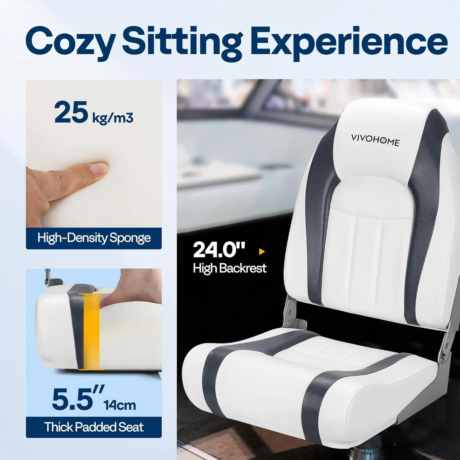 VIVOHOME Folding High Back Boat Seats 2 Pack, Waterproof Boat Captain Chairs, 4 Mounting Screws Included, White and Gray