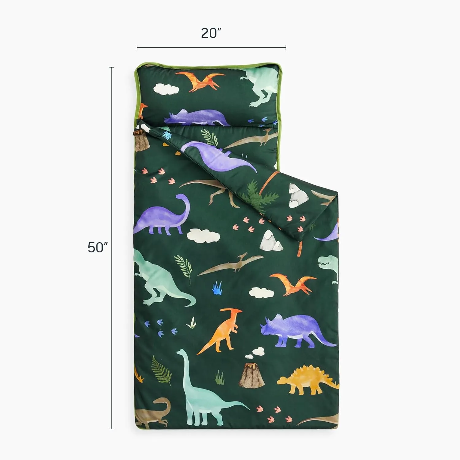 Wake In Cloud - Toddler Nap Mat with Pillow and Blanket, for Kids Boys Girls in Kindergarten Daycare Preschool Pre K, Roll Up Sleeping Bag, Cute Colorful Dinosaur, Dark Green, Standard