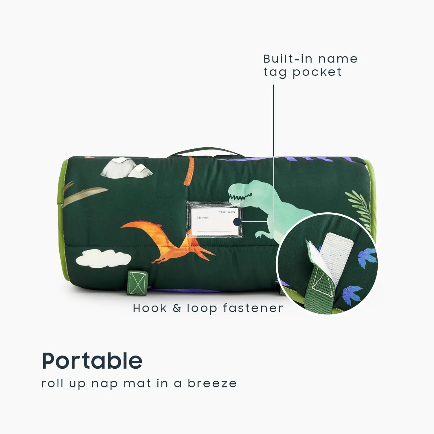 Wake In Cloud - Toddler Nap Mat with Pillow and Blanket, for Kids Boys Girls in Kindergarten Daycare Preschool Pre K, Roll Up Sleeping Bag, Cute Colorful Dinosaur, Dark Green, Standard
