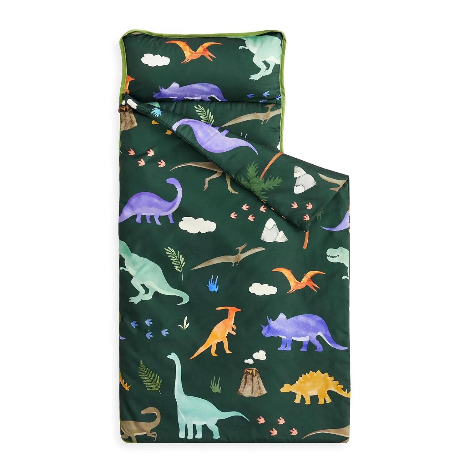 Wake In Cloud - Toddler Nap Mat with Pillow and Blanket, for Kids Boys Girls in Kindergarten Daycare Preschool Pre K, Roll Up Sleeping Bag, Cute Colorful Dinosaur, Dark Green, Standard